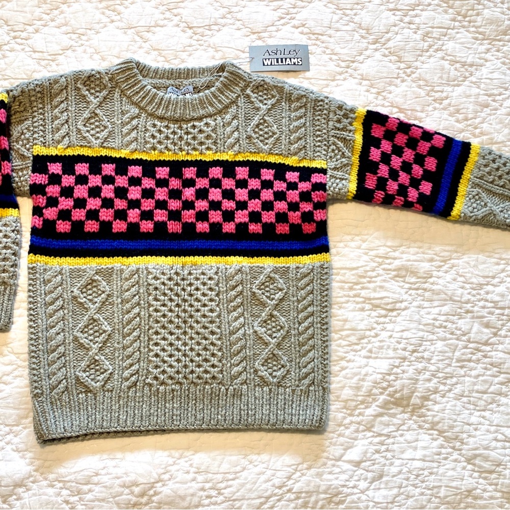 NWT XS ASHLEY WILLIAMS CHECKERBOARD Chunky Knit Sweater Jumper Gray Black Cable - Picture 16 of 16